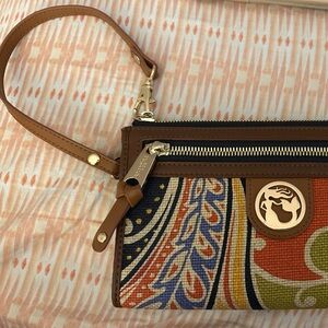 Spartina 449 Multicolor Paisley Canvas Wristlet with Brown Trim